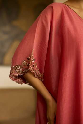 Buy_Sarang Kaur_Pink Chanderi Silk Embroidery, Zari V-neck Sabr Hand Border Kaftan 