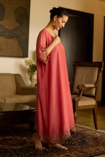 Shop_Sarang Kaur_Pink Chanderi Silk Embroidery, Zari V-neck Sabr Hand Border Kaftan 