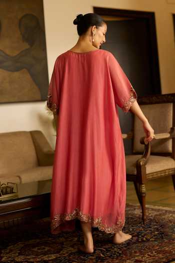 Shop_Sarang Kaur_Pink Chanderi Silk Embroidery, Zari V-neck Sabr Hand Border Kaftan _at_Aza_Fashions
