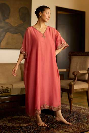 Buy_Sarang Kaur_Pink Chanderi Silk Embroidery, Zari V-neck Sabr Hand Border Kaftan _at_Aza_Fashions