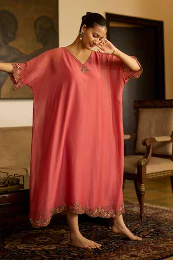 Shop_Sarang Kaur_Pink Chanderi Silk Embroidery, Zari V-neck Sabr Hand Border Kaftan _Online