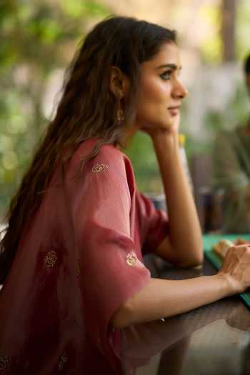 Sarang Kaur_Rust Silk, Tissue Embroidery V-neck Lishak Hand Kaftan _Online_at_Aza_Fashions
