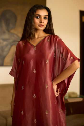 Buy_Sarang Kaur_Rust Silk, Tissue Embroidery V-neck Lishak Hand Kaftan _Online_at_Aza_Fashions