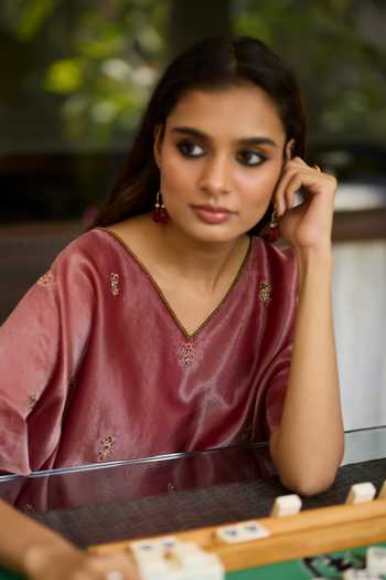 Shop_Sarang Kaur_Rust Silk, Tissue Embroidery V-neck Lishak Hand Kaftan _Online_at_Aza_Fashions