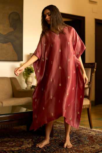 Sarang Kaur_Rust Silk, Tissue Embroidery V-neck Lishak Hand Kaftan _at_Aza_Fashions