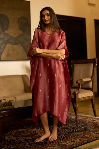 Shop_Sarang Kaur_Rust Silk, Tissue Embroidery V-neck Lishak Hand Kaftan 