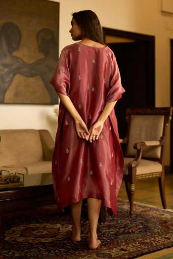 Shop_Sarang Kaur_Rust Silk, Tissue Embroidery V-neck Lishak Hand Kaftan _at_Aza_Fashions