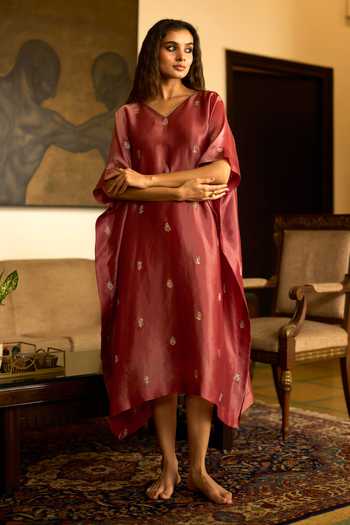Buy_Sarang Kaur_Rust Silk, Tissue Embroidery V-neck Lishak Hand Kaftan _at_Aza_Fashions