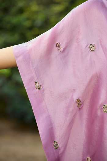 Sarang Kaur_Purple Silk, Tissue Embroidery V-neck Lishak Hand Kaftan _Online_at_Aza_Fashions