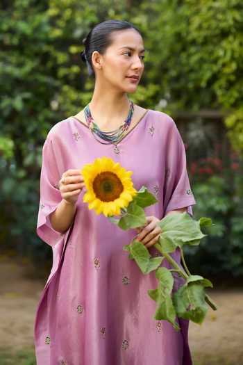 Buy_Sarang Kaur_Purple Silk, Tissue Embroidery V-neck Lishak Hand Kaftan _Online_at_Aza_Fashions