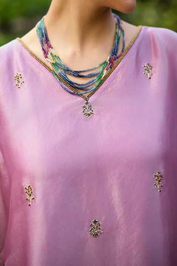 Sarang Kaur_Purple Silk, Tissue Embroidery V-neck Lishak Hand Kaftan _at_Aza_Fashions
