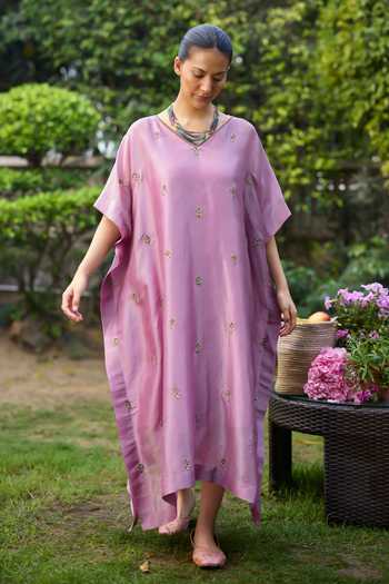 Buy_Sarang Kaur_Purple Silk, Tissue Embroidery V-neck Lishak Hand Kaftan _at_Aza_Fashions