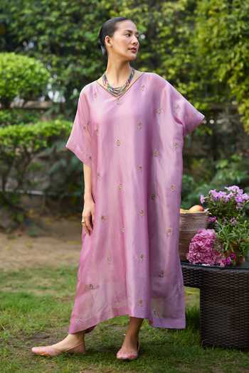 Shop_Sarang Kaur_Purple Silk, Tissue Embroidery V-neck Lishak Hand Kaftan 
