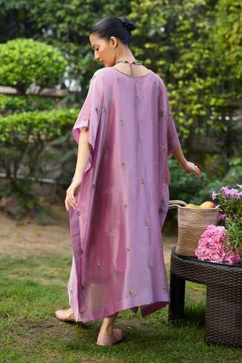 Shop_Sarang Kaur_Purple Silk, Tissue Embroidery V-neck Lishak Hand Kaftan _at_Aza_Fashions