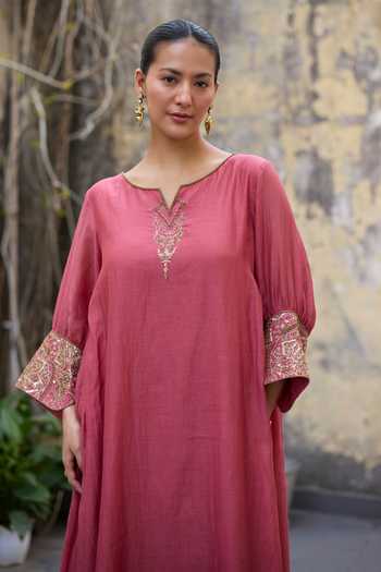 Shop_Sarang Kaur_Pink Chanderi , Tissue, Zari Mehrab Embroidered Kurta And Skirt Set _Online_at_Aza_Fashions