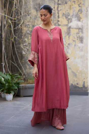 Sarang Kaur_Pink Chanderi , Tissue, Zari Mehrab Embroidered Kurta And Skirt Set _at_Aza_Fashions