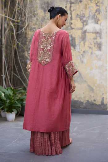 Shop_Sarang Kaur_Pink Chanderi , Tissue, Zari Mehrab Embroidered Kurta And Skirt Set _at_Aza_Fashions