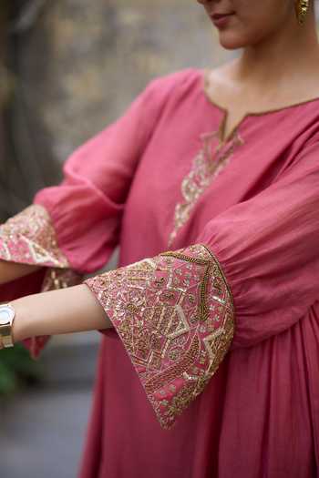 Buy_Sarang Kaur_Pink Chanderi , Tissue, Zari Mehrab Embroidered Kurta And Skirt Set 
