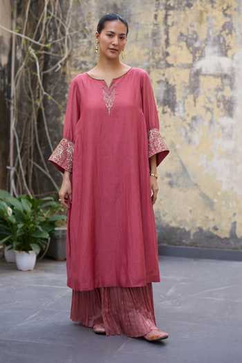 Shop_Sarang Kaur_Pink Chanderi , Tissue, Zari Mehrab Embroidered Kurta And Skirt Set 
