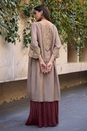 Shop_Sarang Kaur_Grey Chanderi , Tissue, Embroidery Mehrab Back Kurta And Skirt Set _at_Aza_Fashions