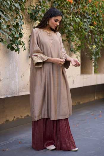 Buy_Sarang Kaur_Grey Chanderi , Tissue, Embroidery Mehrab Back Kurta And Skirt Set _Online_at_Aza_Fashions
