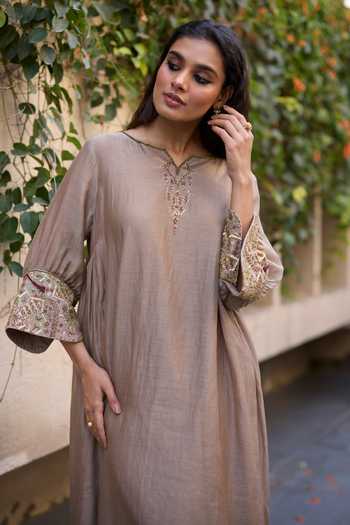 Shop_Sarang Kaur_Grey Chanderi , Tissue, Embroidery Mehrab Back Kurta And Skirt Set _Online_at_Aza_Fashions