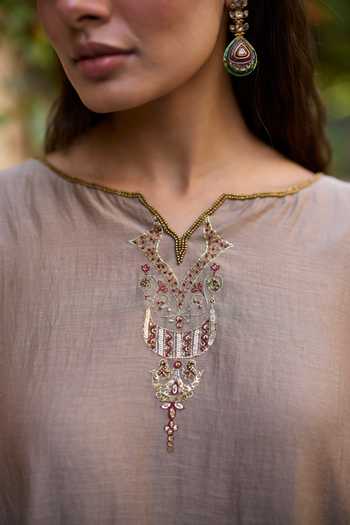 Sarang Kaur_Grey Chanderi , Tissue, Embroidery Mehrab Back Kurta And Skirt Set _at_Aza_Fashions