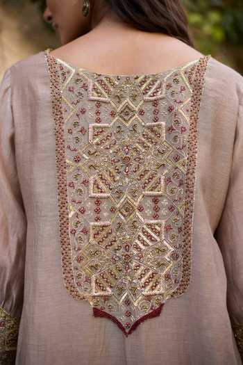 Buy_Sarang Kaur_Grey Chanderi , Tissue, Embroidery Mehrab Back Kurta And Skirt Set 