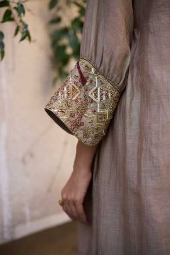 Shop_Sarang Kaur_Grey Chanderi , Tissue, Embroidery Mehrab Back Kurta And Skirt Set 
