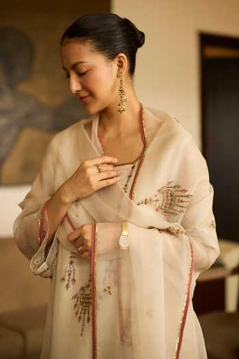 Shop_Sarang Kaur_White Silk, Tissue, Organza Embroidery Round Neck Phulwari Kurta Set _Online_at_Aza_Fashions