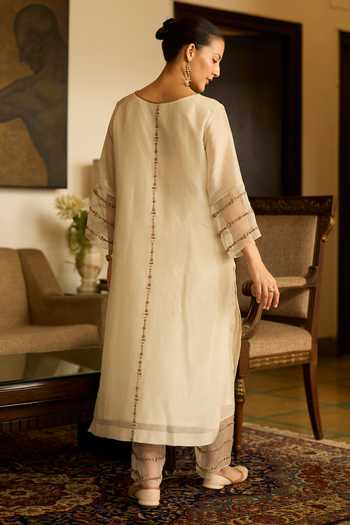 Shop_Sarang Kaur_White Silk, Tissue, Organza Embroidery Round Neck Phulwari Kurta Set _at_Aza_Fashions