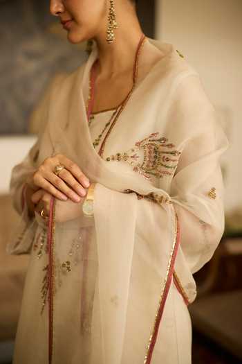 Sarang Kaur_White Silk, Tissue, Organza Embroidery Round Neck Phulwari Kurta Set _at_Aza_Fashions