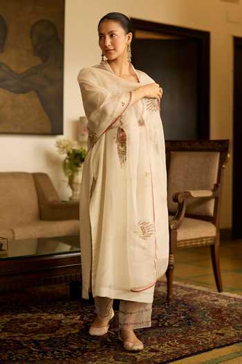 Buy_Sarang Kaur_White Silk, Tissue, Organza Embroidery Round Neck Phulwari Kurta Set _at_Aza_Fashions