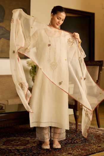 Sarang Kaur_White Silk, Tissue, Organza Embroidery Round Neck Phulwari Kurta Set 