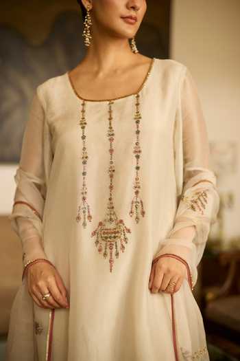 Sarang Kaur_White Silk, Tissue, Organza Embroidery Round Neck Phulwari Kurta Set 