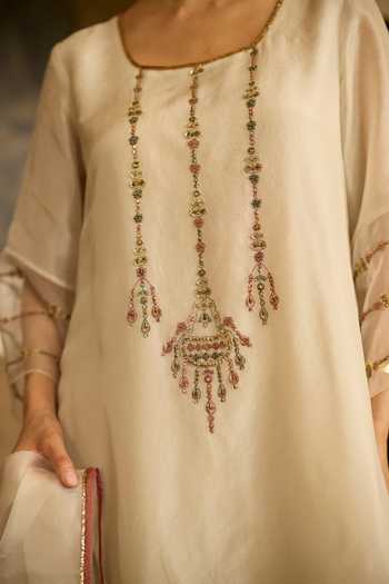 Sarang Kaur_White Silk, Tissue, Organza Embroidery Round Neck Phulwari Kurta Set 
