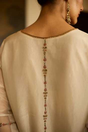 Sarang Kaur_White Silk, Tissue, Organza Embroidery Round Neck Phulwari Kurta Set 