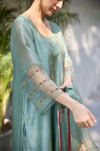 Buy_Sarang Kaur_Blue Tissue, Silk, Organza Embroidery Phulwari Hand Kurta Set _Online_at_Aza_Fashions