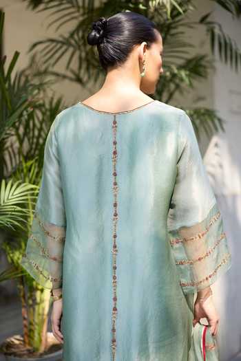 Shop_Sarang Kaur_Blue Tissue, Silk, Organza Embroidery Phulwari Hand Kurta Set _at_Aza_Fashions