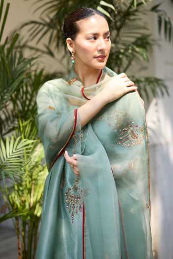 Shop_Sarang Kaur_Blue Tissue, Silk, Organza Embroidery Phulwari Hand Kurta Set _Online_at_Aza_Fashions