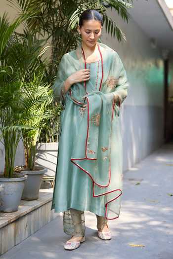 Buy_Sarang Kaur_Blue Tissue, Silk, Organza Embroidery Phulwari Hand Kurta Set 