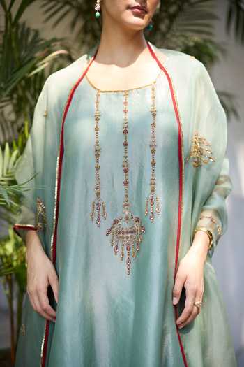 Shop_Sarang Kaur_Blue Tissue, Silk, Organza Embroidery Phulwari Hand Kurta Set 
