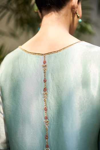 Sarang Kaur_Blue Tissue, Silk, Organza Embroidery Phulwari Hand Kurta Set _Online
