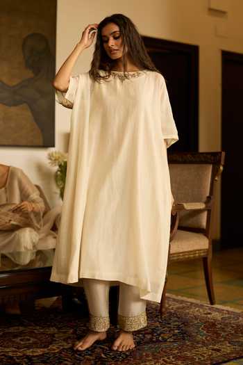 Sarang Kaur_White Silk, Chanderi, Tissue Embroidery Round Neck Inayat Back Yoke Kurta Set _Online_at_Aza_Fashions