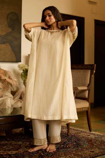 Shop_Sarang Kaur_White Silk, Chanderi, Tissue Embroidery Round Neck Inayat Back Yoke Kurta Set _Online_at_Aza_Fashions