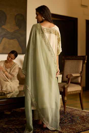 Shop_Sarang Kaur_White Silk, Chanderi, Tissue Embroidery Round Neck Inayat Back Yoke Kurta Set _at_Aza_Fashions