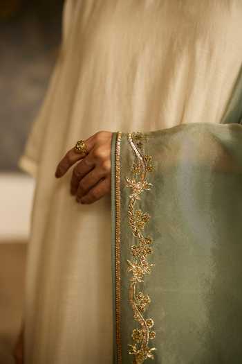 Sarang Kaur_White Silk, Chanderi, Tissue Embroidery Round Neck Inayat Back Yoke Kurta Set _at_Aza_Fashions