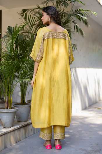 Shop_Sarang Kaur_Yellow Chanderi Silk, Silk, Tissue Embroidery Round Inayat Back Yoke Kurta Set _at_Aza_Fashions
