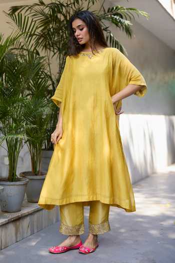 Shop_Sarang Kaur_Yellow Chanderi Silk, Silk, Tissue Embroidery Round Inayat Back Yoke Kurta Set _Online_at_Aza_Fashions
