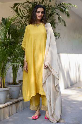 Buy_Sarang Kaur_Yellow Chanderi Silk, Silk, Tissue Embroidery Round Inayat Back Yoke Kurta Set _at_Aza_Fashions